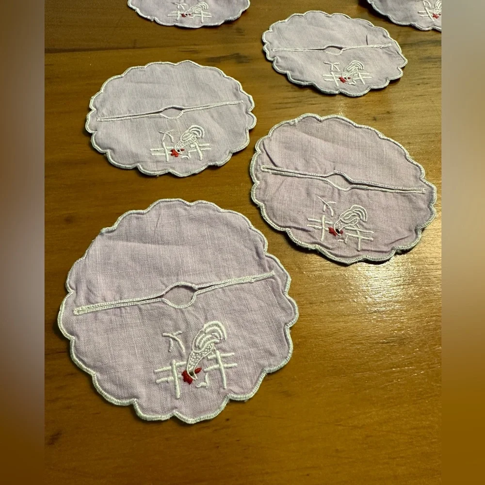 1940s-50s Vintage Pale Lavender Rooster Wine Coasters - Wine Slippers - Set of 8